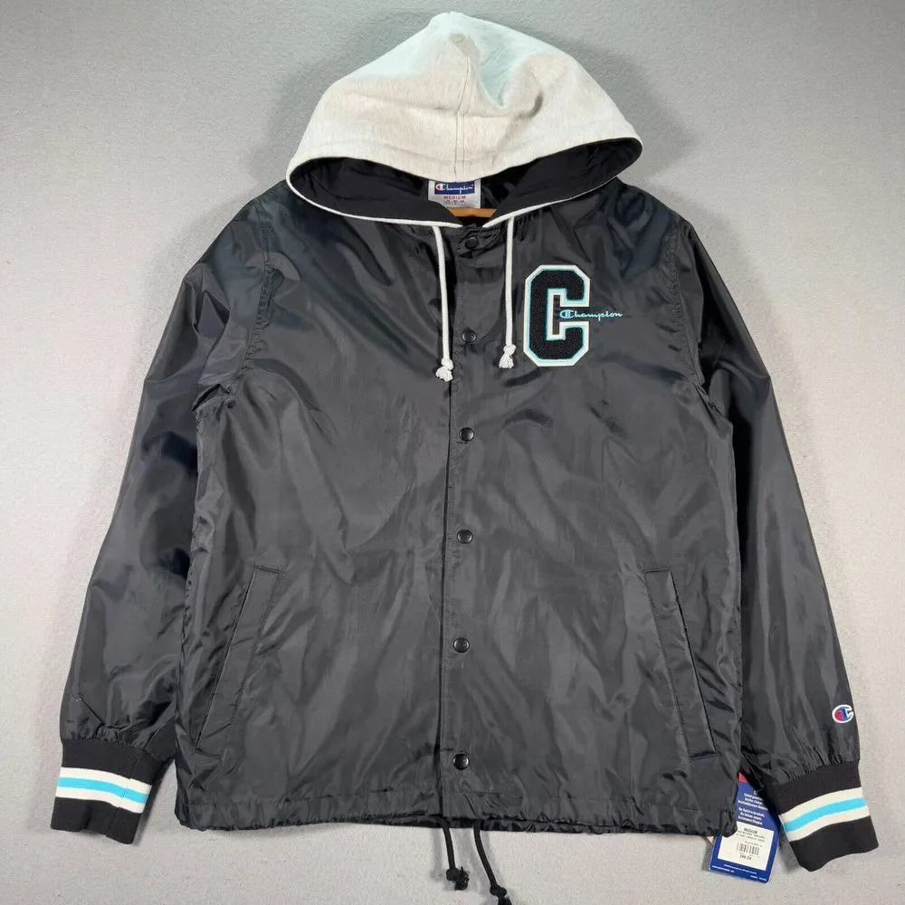Champion Hooded Windbreaker Jacket Mens Medium Standard Fit Black Fleece Hood